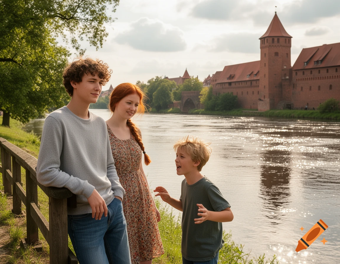 Three young people stand by a river with a historic brick castle in the background under a cloudy sky.