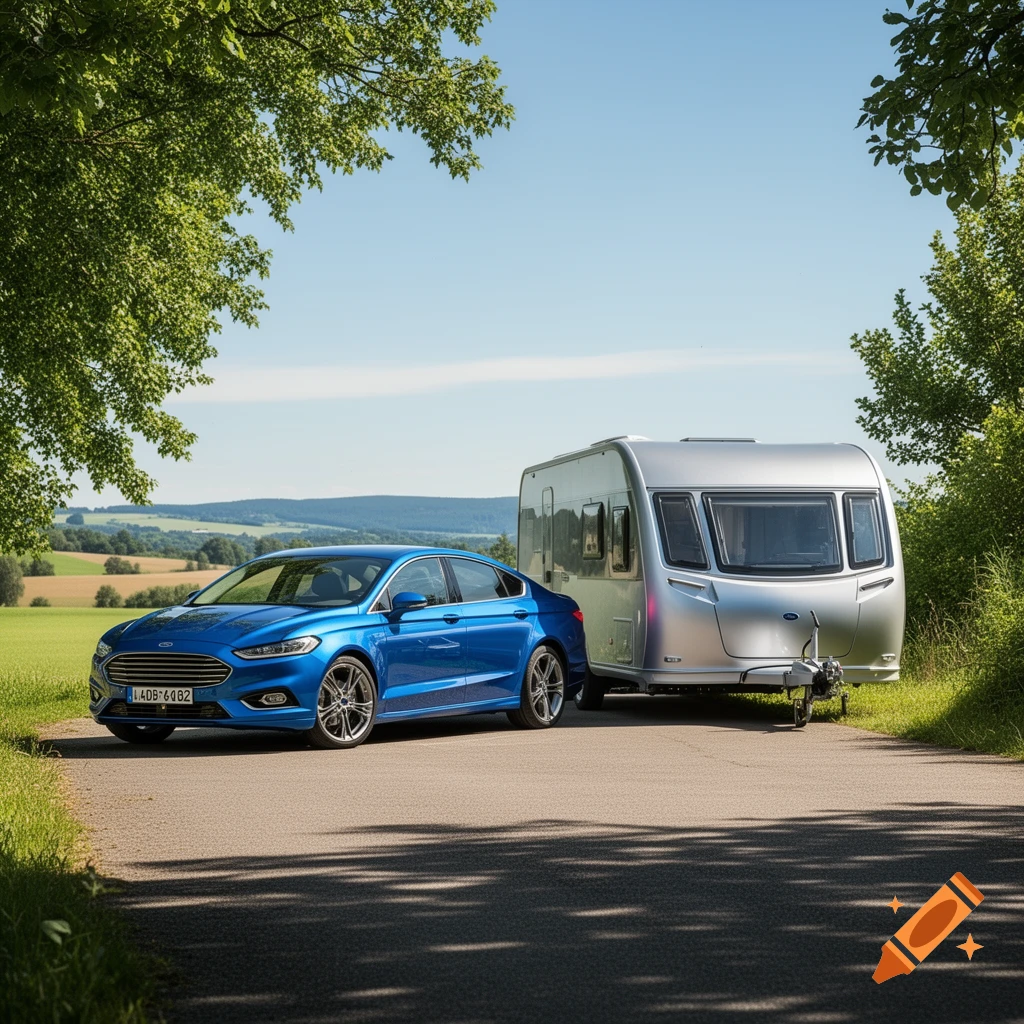 A blue Ford car tows a silver Hymer Eriba caravan on a paved road flanked by green trees and fields under a clear blue sky.