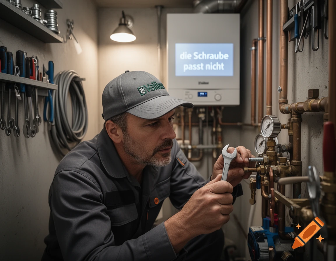 A male plumber in a grey uniform and "Vaillant" cap works on a heating system, holding a wrench. The system's screen displays "die Schraube passt nicht" (the screw does not fit).