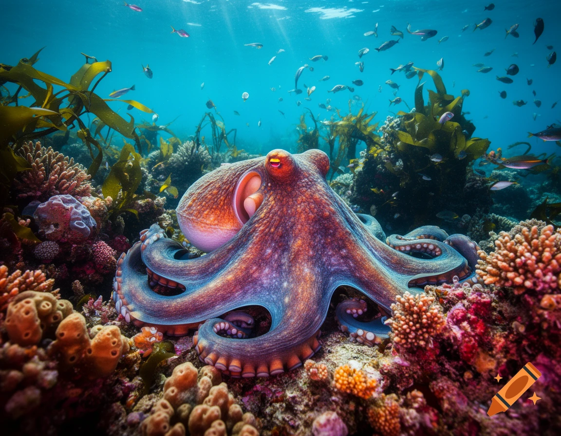 A vibrant octopus with purple and orange hues rests on a colorful coral reef with fish swimming above.