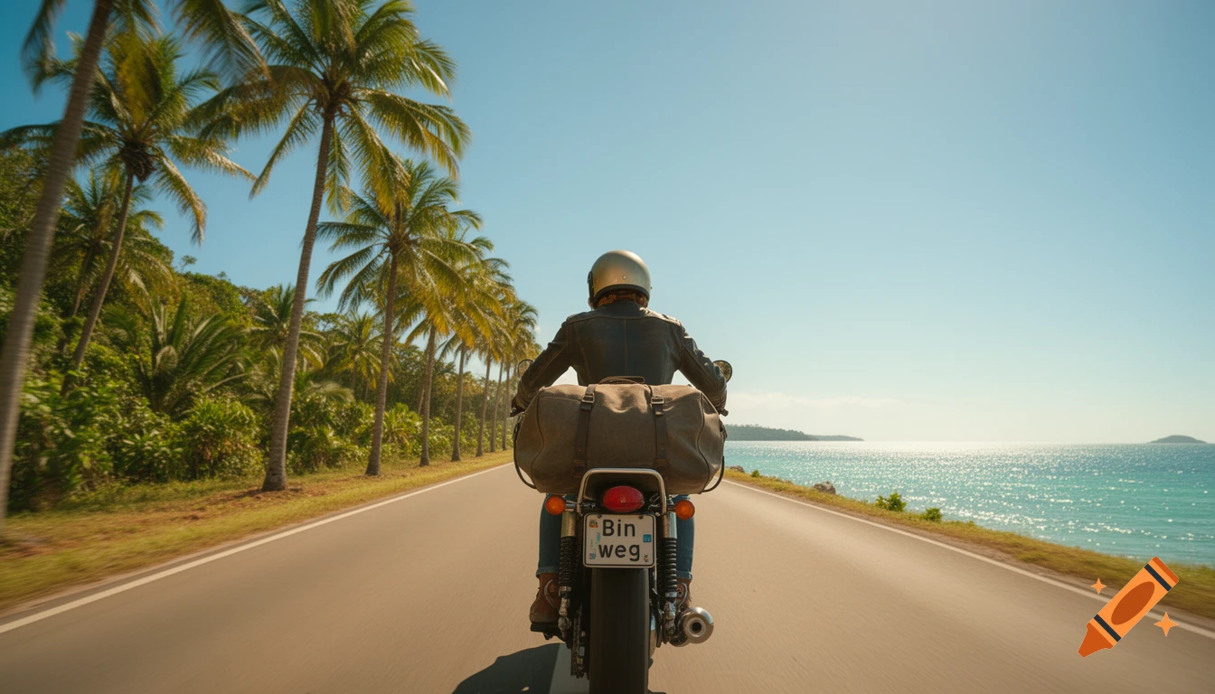 Photorealistic shot of a person on a motorcycle riding down a tropical coastal road lined with palm trees next to a turquoise sea.