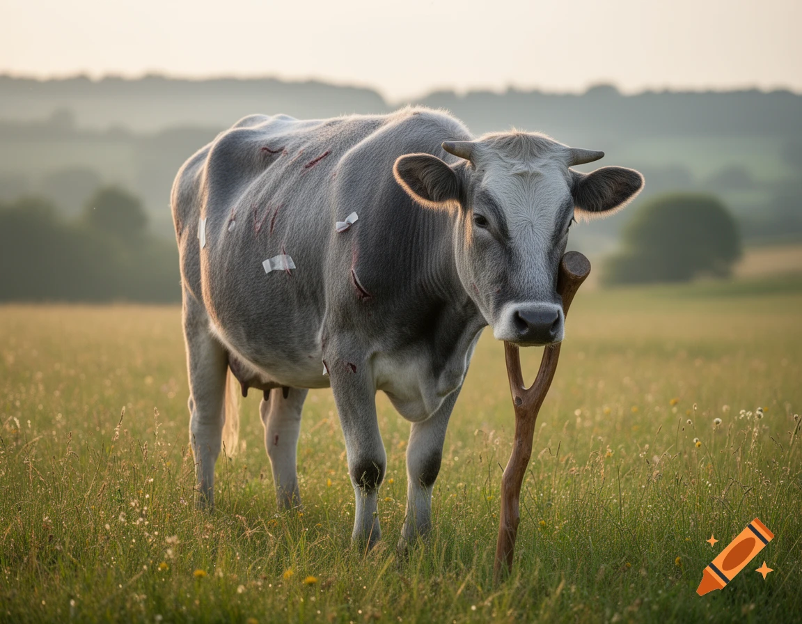 A grey cow with small injuries and bandages on its body, resting its head on a Y-shaped wooden stick, stands in a grassy field at sunset.