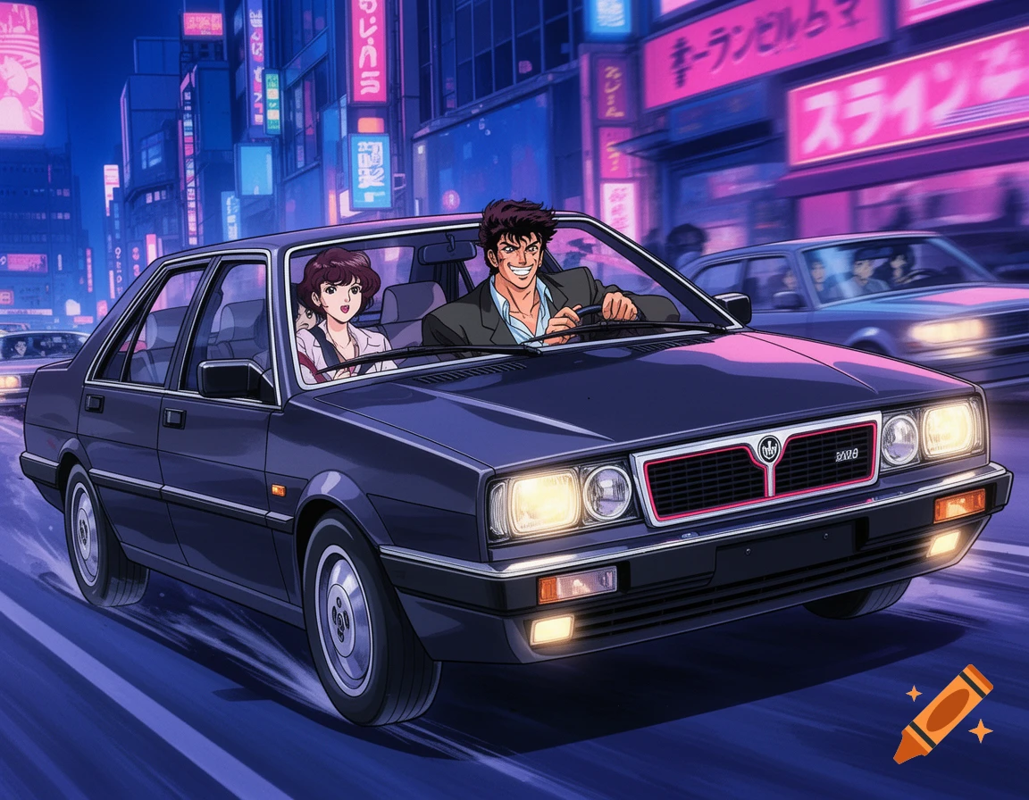 Anime couple in a dark blue sedan drives through a neon-lit city street at night, in 1980s Japanese style.