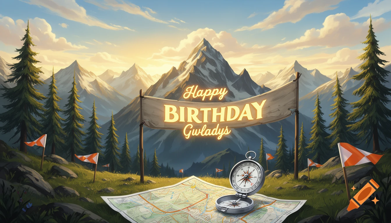 A semi-realistic illustration of an alpine mountain landscape at sunrise with a 'Happy Birthday Gwladys' banner, a map, compass, and orienteering flags.