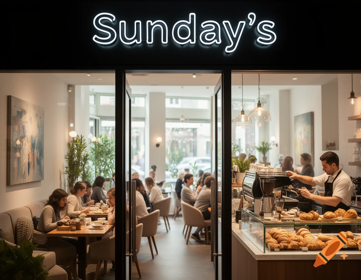 Photorealistic image of a bustling modern cafe named Sunday's with patrons dining, a barista, and a display of croissants.