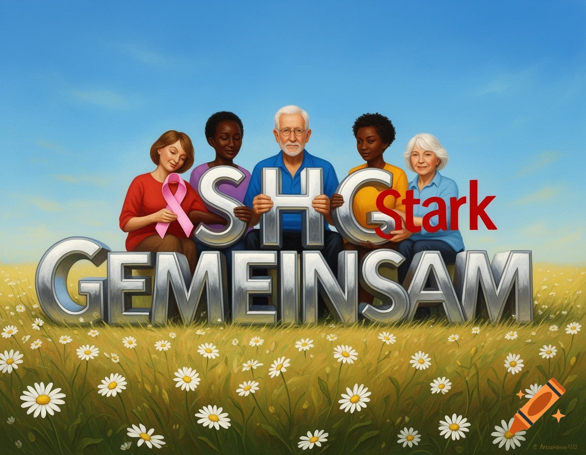 Five diverse people sitting on large silver letters spelling GEMEINSAM in a daisy field, holding S, H, G, a pink ribbon, and the word Stark.