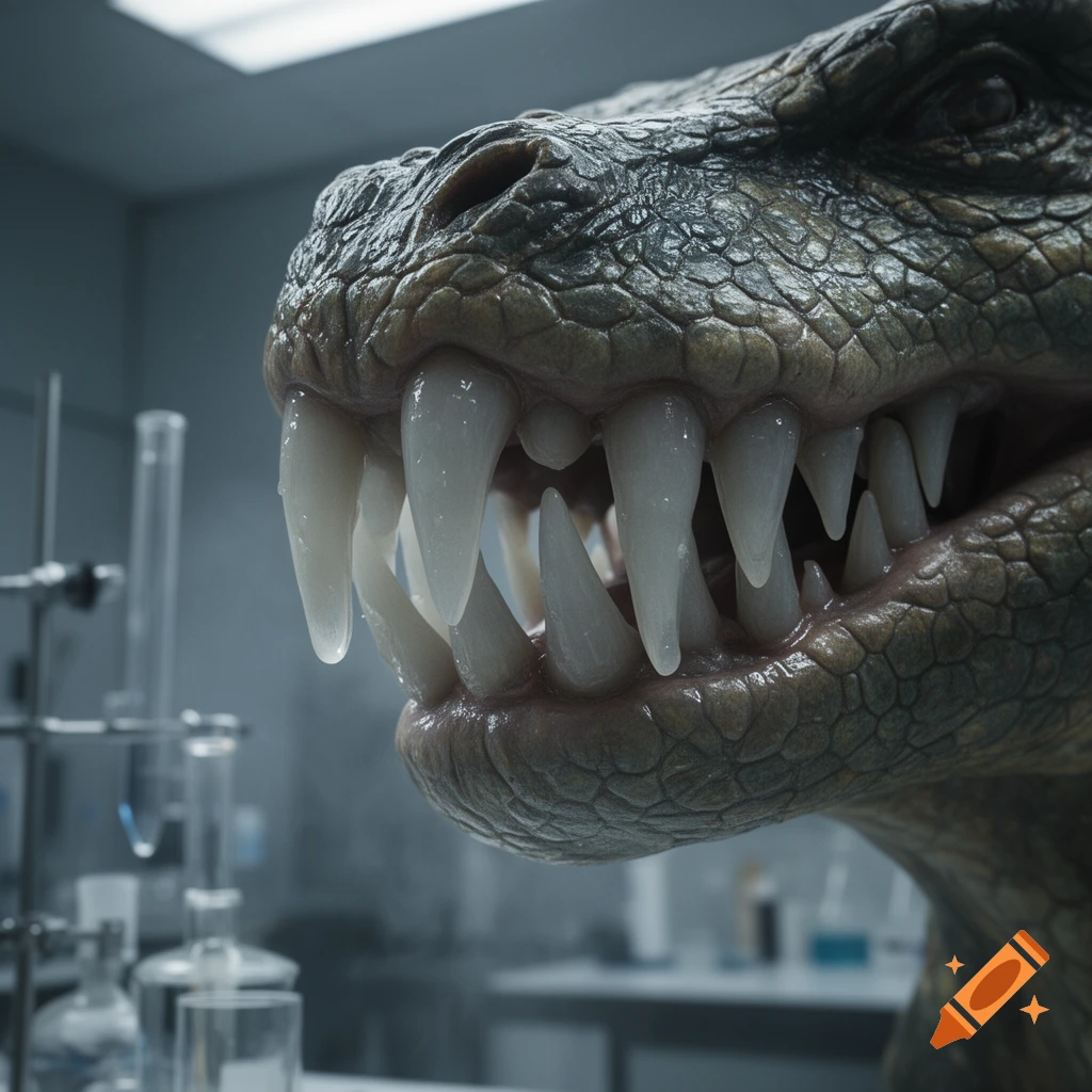 Close-up of a dinosaur's or reptile's mouth with large, sharp teeth in a dimly lit science laboratory, photorealistic.