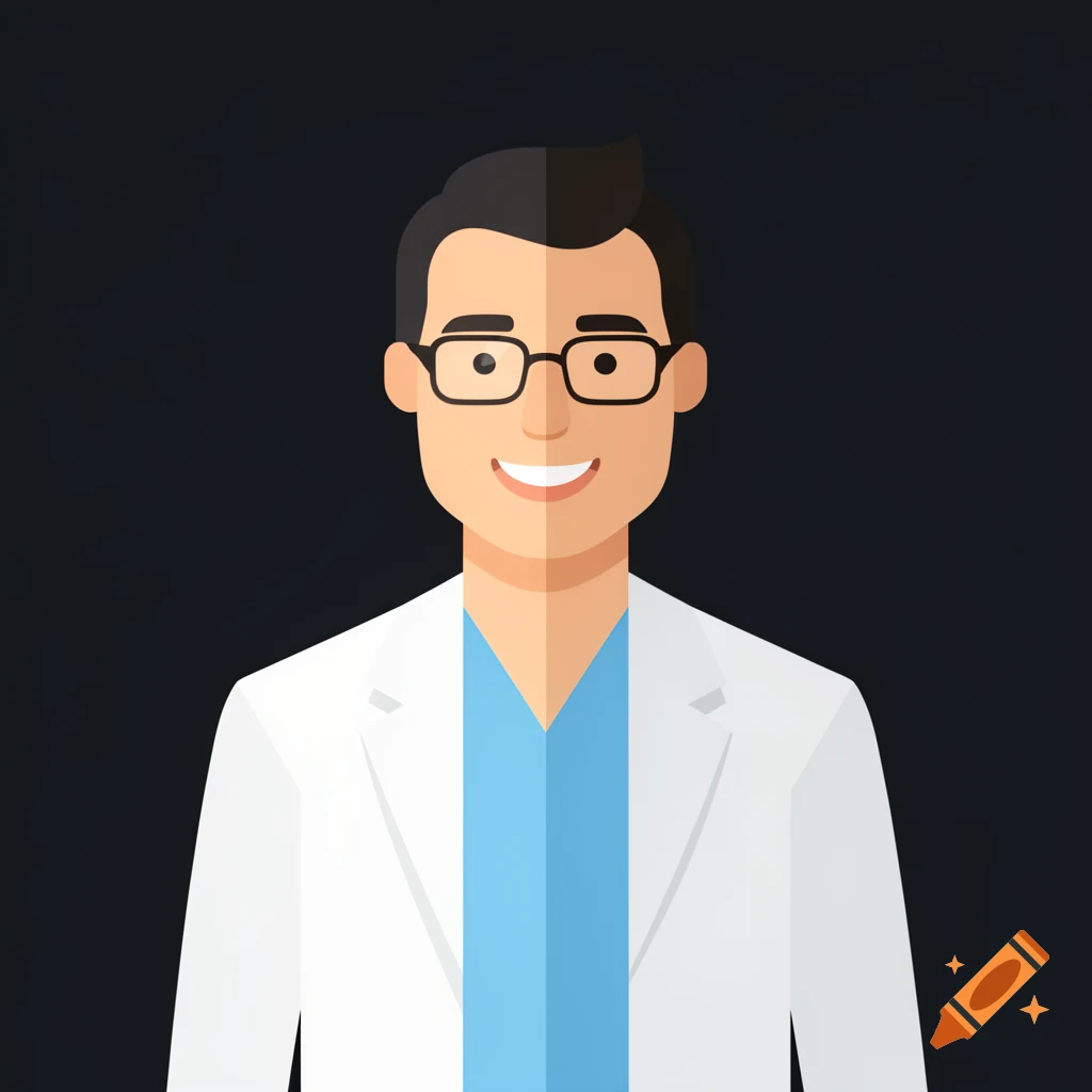 A flat vector illustration of a smiling male medical professional wearing glasses, a white lab coat, and blue scrubs against a dark background.