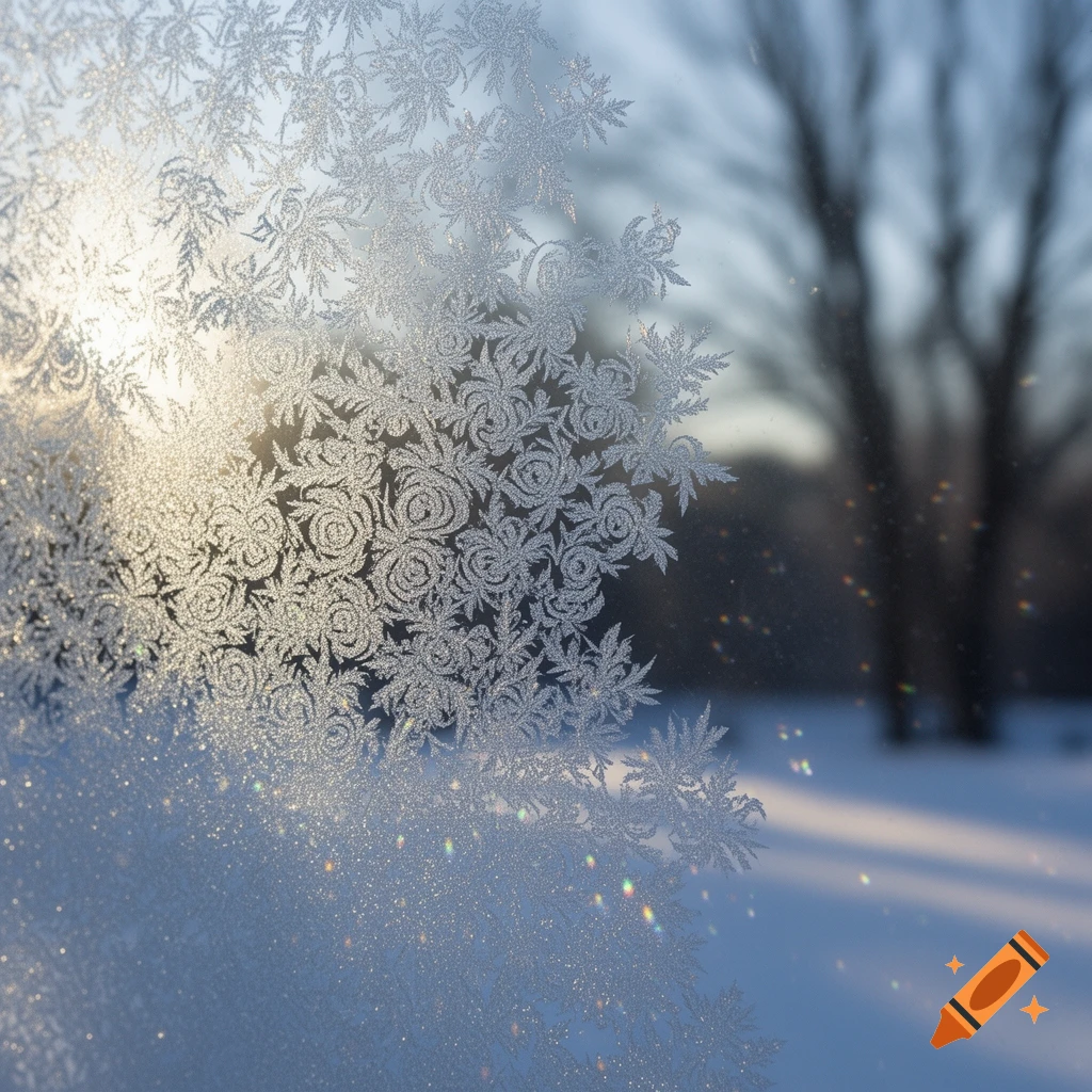 Intricate, sparkling frost patterns resembling flowers and leaves on a window, with a blurred winter scene and sunlight outside.