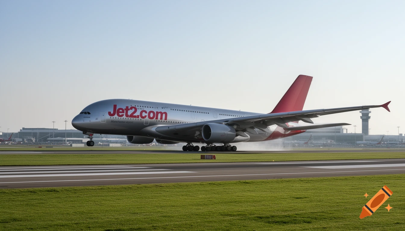 A large silver Jet2.com Airbus A380-842 airplane takes off on a runway at Manchester airport on a sunny day.
