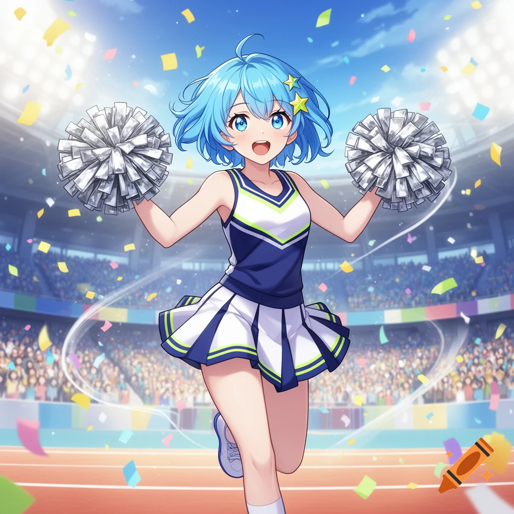 An anime girl with blue hair in a cheerleader uniform holding pom-poms, standing on a track in a stadium with confetti falling.