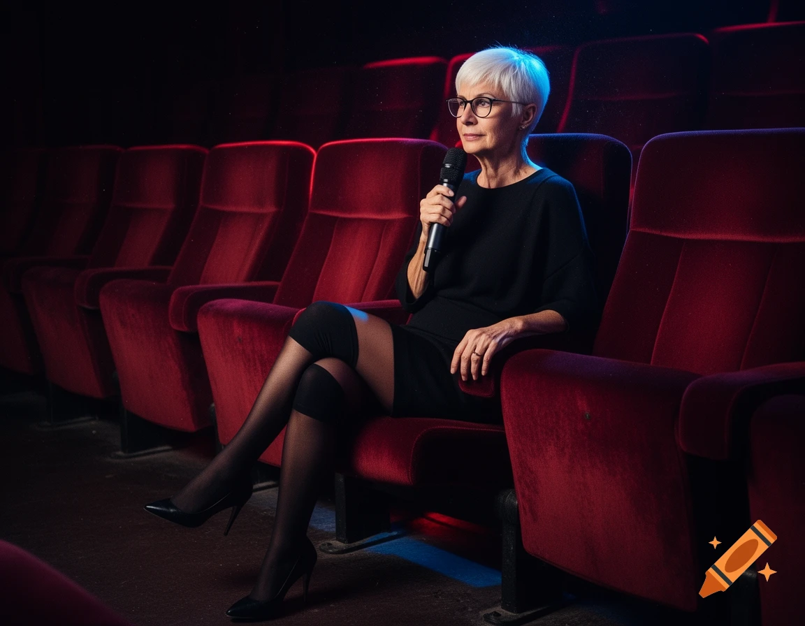 A woman with short white hair and glasses sits in an empty movie theater, holding a microphone.