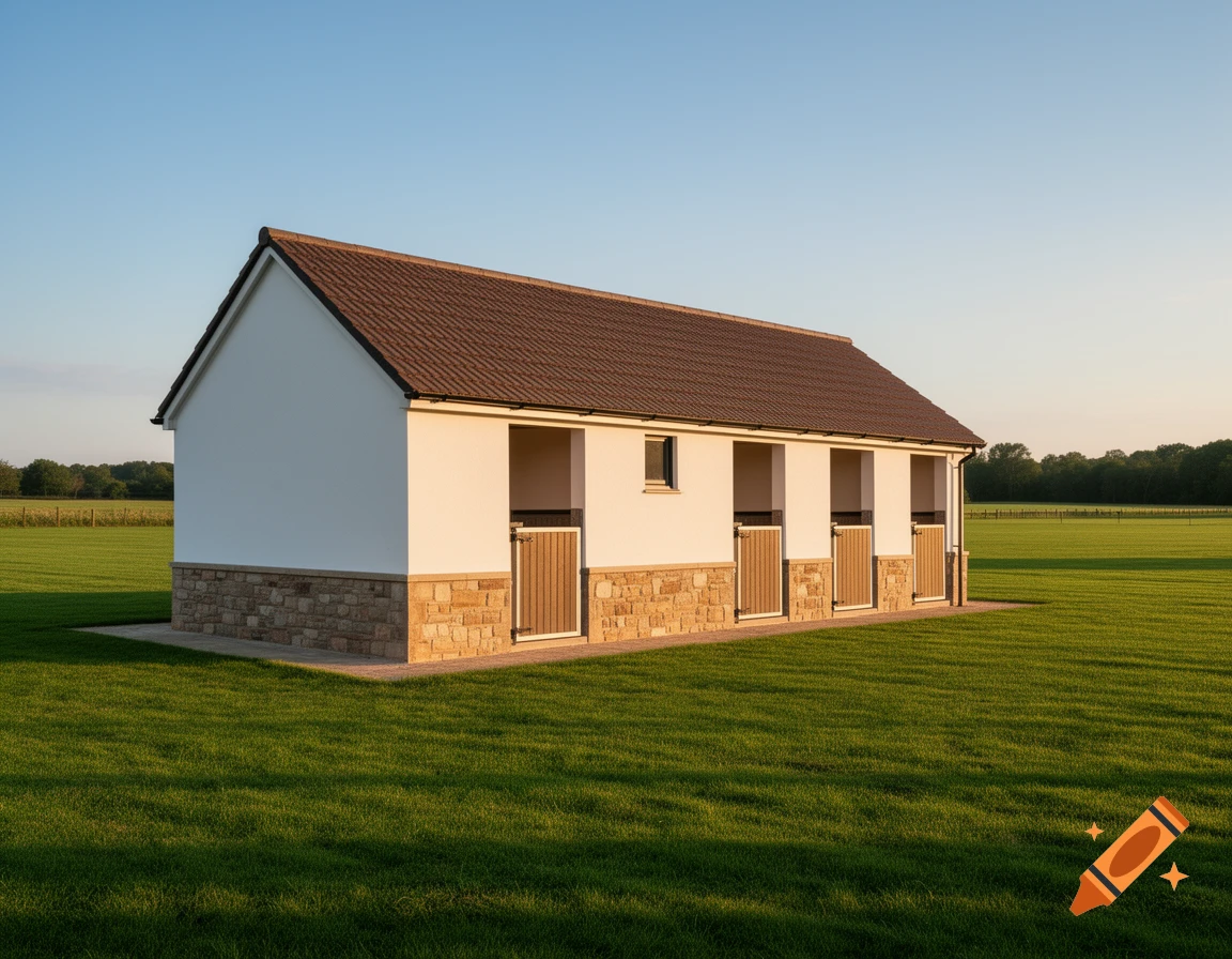A long, white and stone horse stable with a brown saddle roof sits in a vast green field under a clear blue sky.