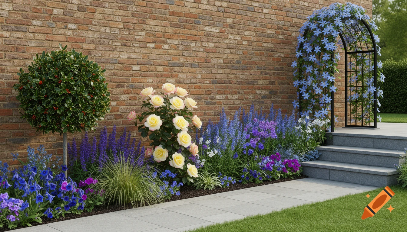 A vibrant garden border with yellow roses, blue and purple flowers, a holly bush, and a blue clematis-covered archway beside a brick wall, steps, and lawn.