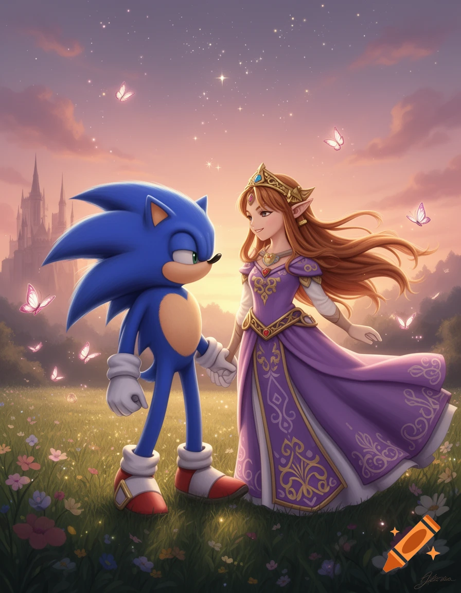 Sonic and Princess Zelda holding hands in a vibrant field of flowers under a star-filled sunset with a castle in the background.
