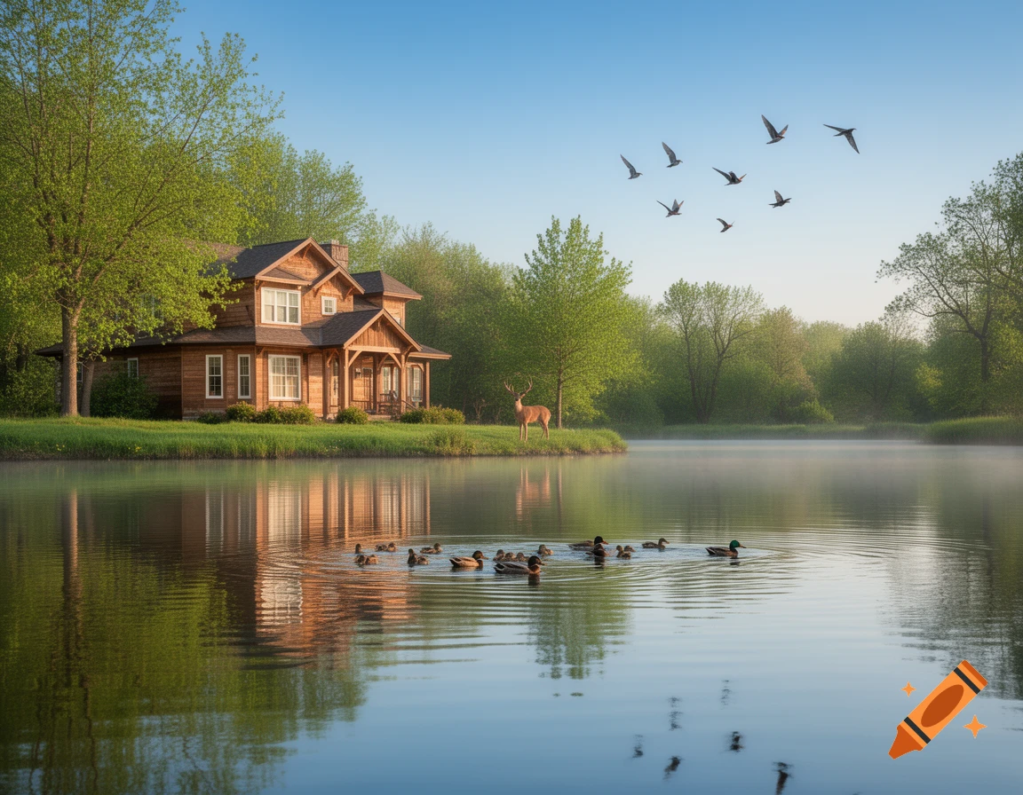 A serene photorealistic landscape of a wooden house by a misty lake with ducks, a deer on the bank, and birds flying overhead.