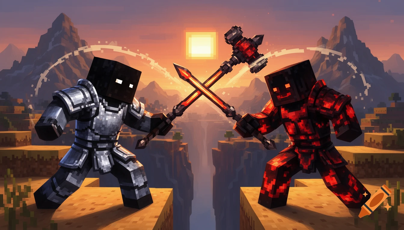 Two armored Minecraft-style characters battle with glowing weapons on cliffs at sunset, in a blocky pixelated fantasy world.