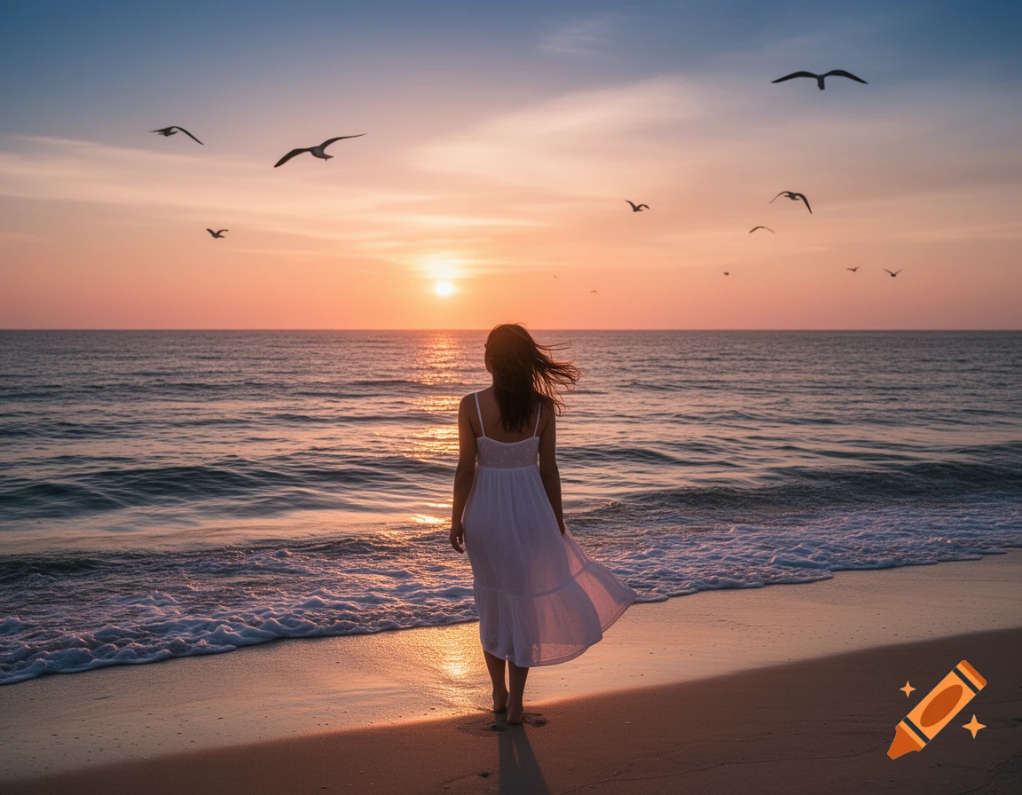 A woman in a white dress walks along a beach towards the ocean at sunset, with birds flying overhead, photorealistic.