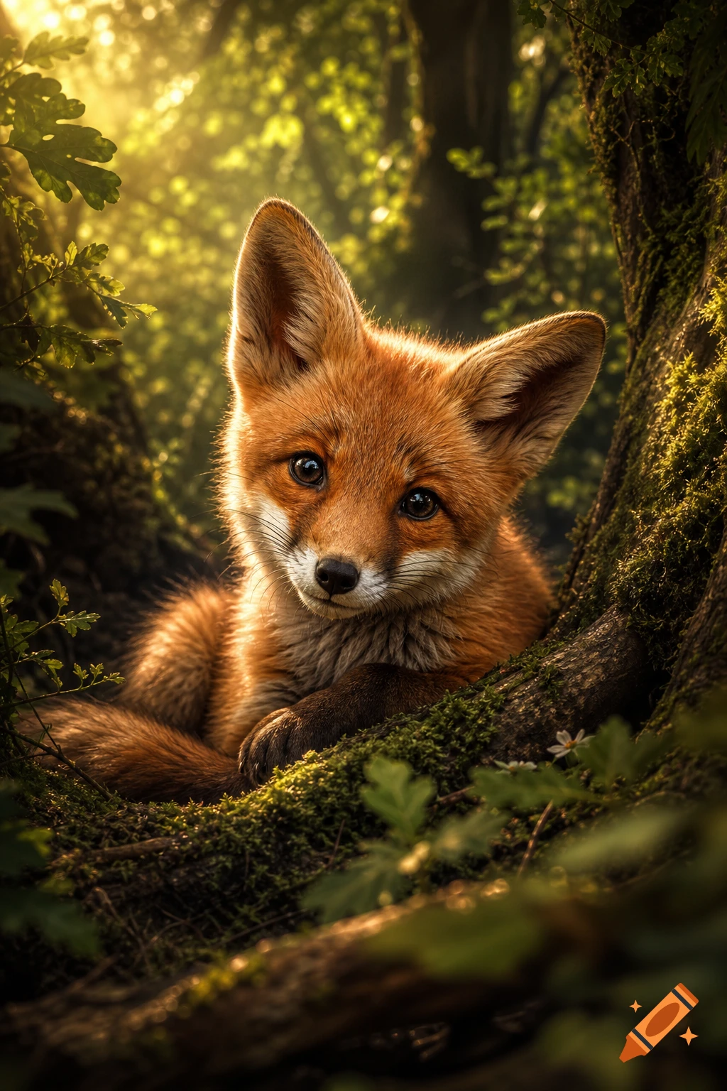 A photorealistic close-up of a cute fox cub resting in a mossy tree trunk in a sunlit forest.