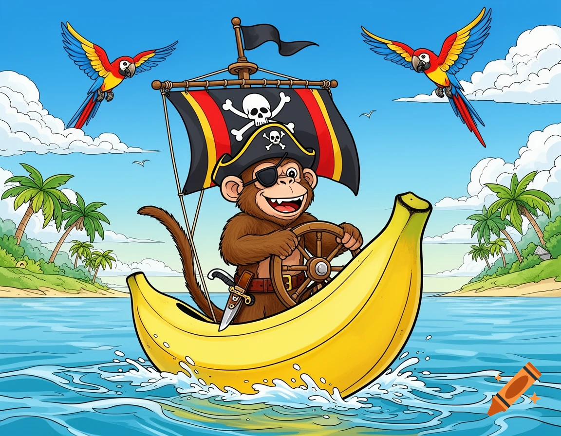 Cartoon pirate monkey with eyepatch steers a banana boat, flanked by parrots, on the ocean near tropical islands.