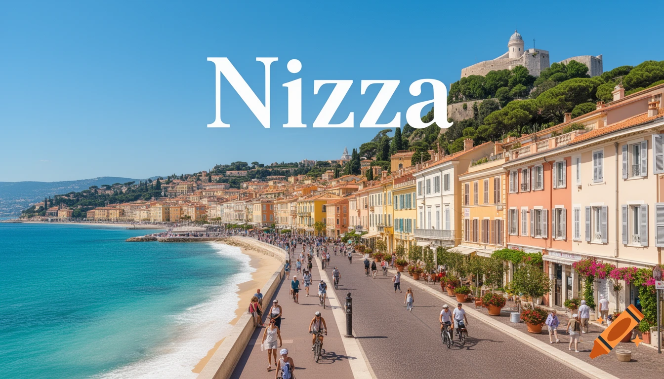 Vibrant photorealistic image of Nizza, a coastal city with colorful buildings, bustling promenade, sandy beach, turquoise sea, and a hilltop castle. Text: Nizza.