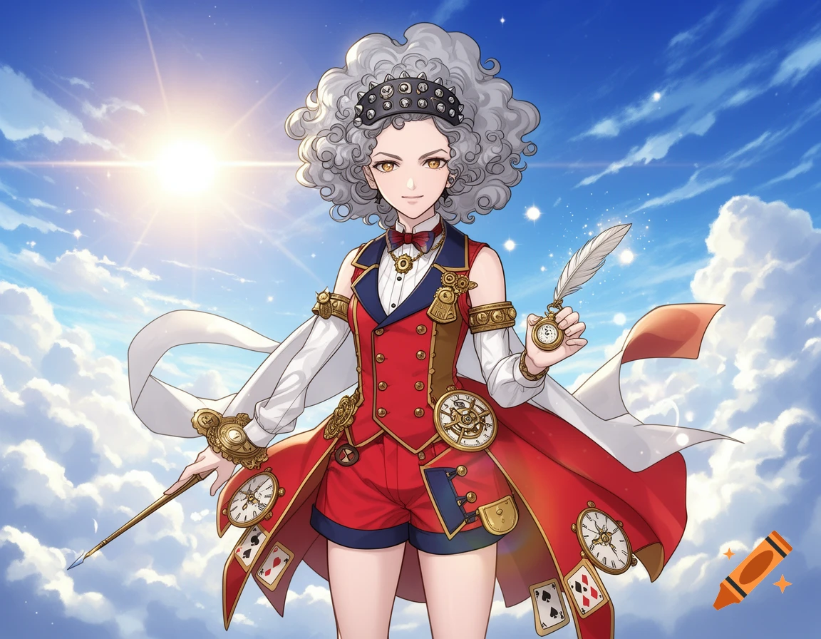An anime magical girl with curly silver hair, wearing a red, gold, and navy outfit, holding a quill and a scepter, standing in a sunny sky with clouds.