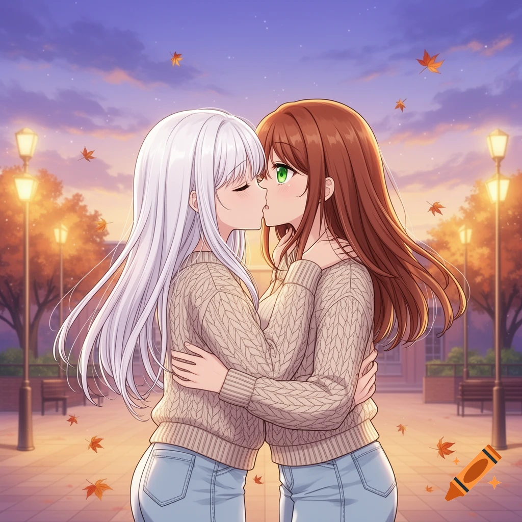 Anime-style illustration of two women, one with white hair and one with brown hair, sharing a kiss in an autumn park at sunset.