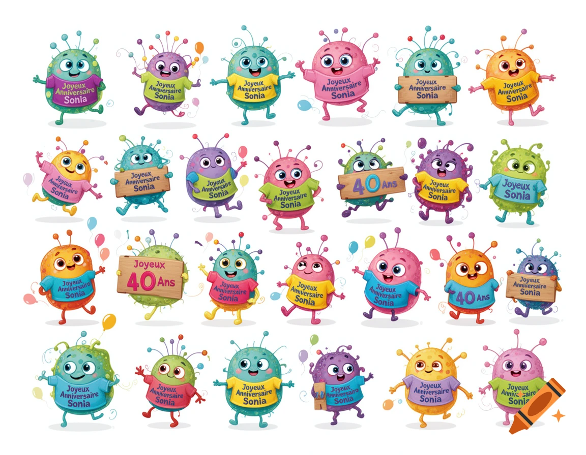 A collection of cute, colorful cartoon microbes wearing t-shirts or holding signs wishing 'Joyeux Anniversaire Sonia' and 'Joyeux 40 Ans'.