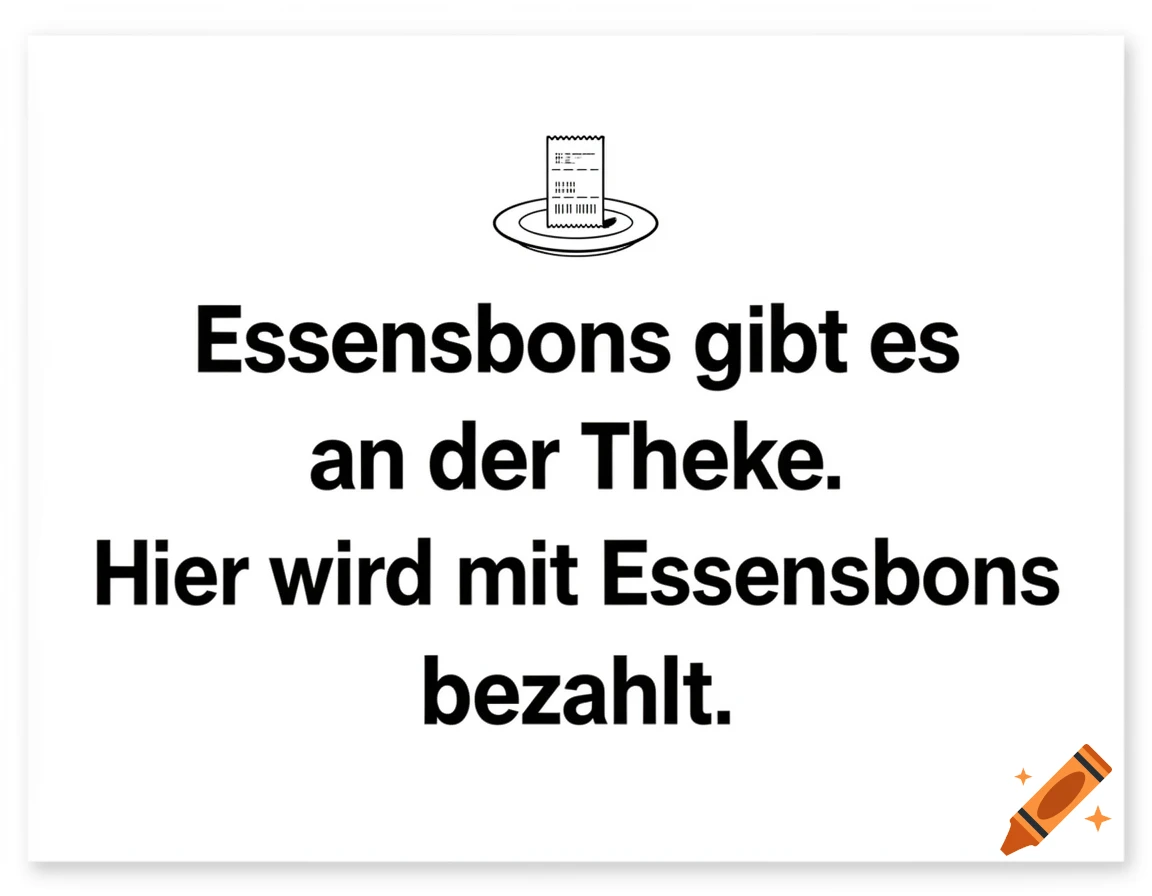 A minimalist white sign with black German text 'Essensbons gibt es an der Theke. Hier wird mit Essensbons bezahlt.' and a receipt icon.