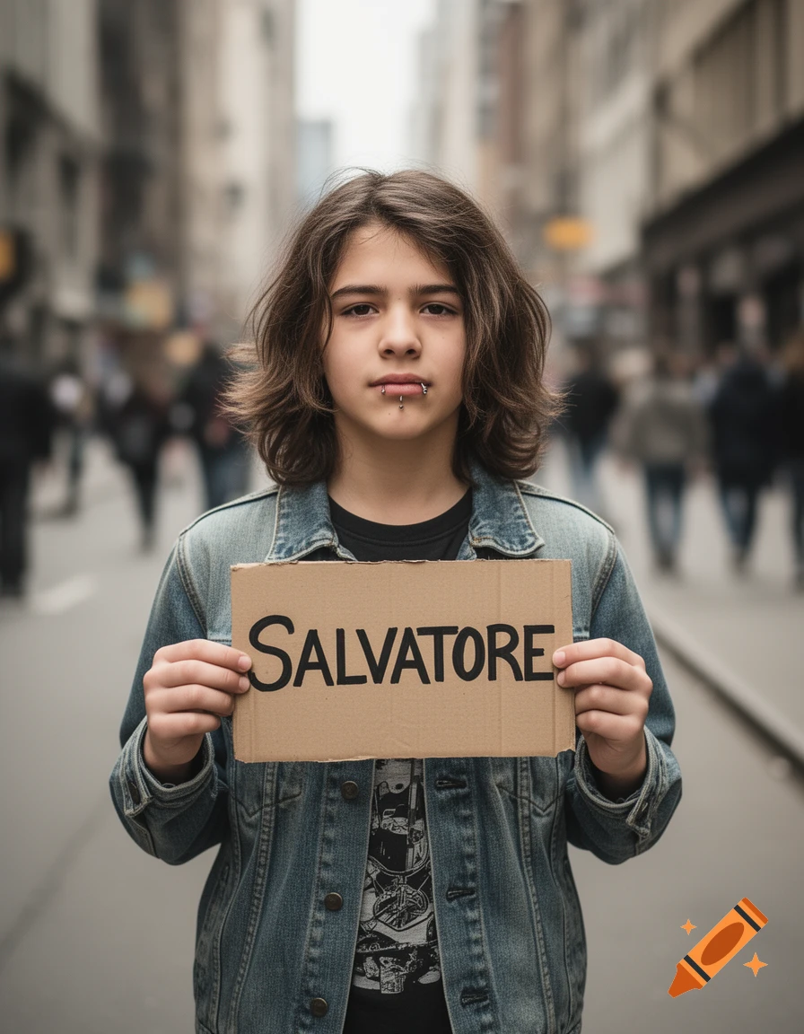 A young person with long hair and lip piercings stands on a city street, holding a cardboard sign that reads 'SALVATORE'.