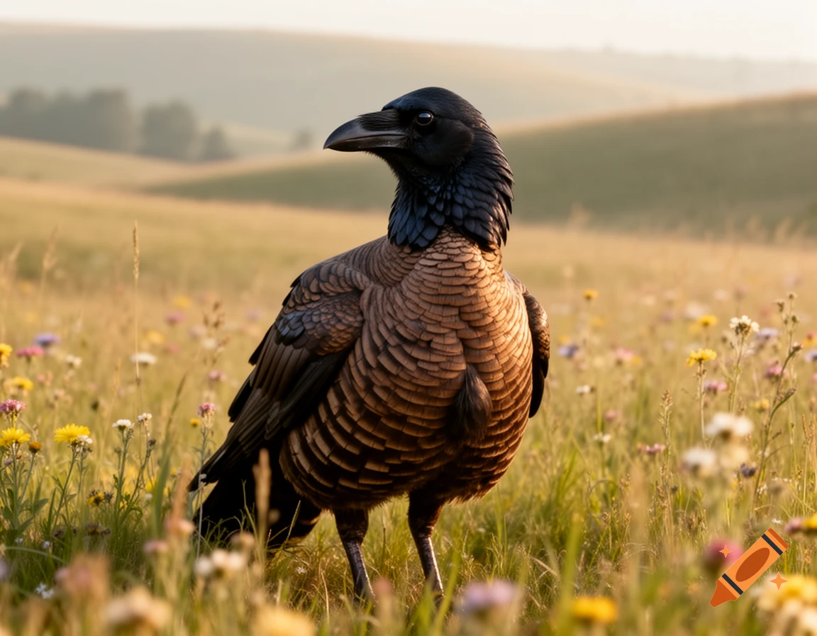 A dark-headed bird with a brown, scaly-textured body stands in a field of wildflowers under a bright sky.