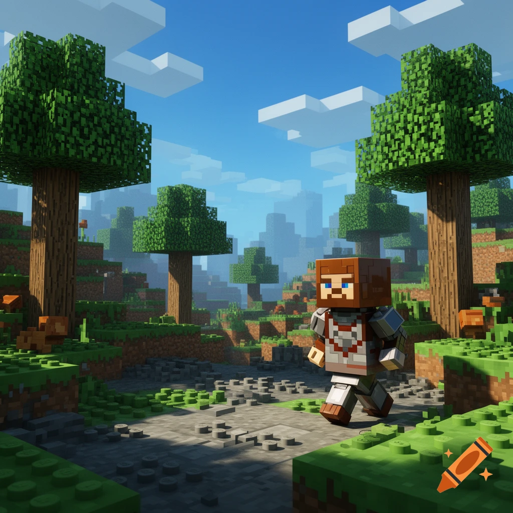 A blocky Lego minifigure character in armor walks through a vibrant, blocky Minecraft-style forest landscape under a blue sky.