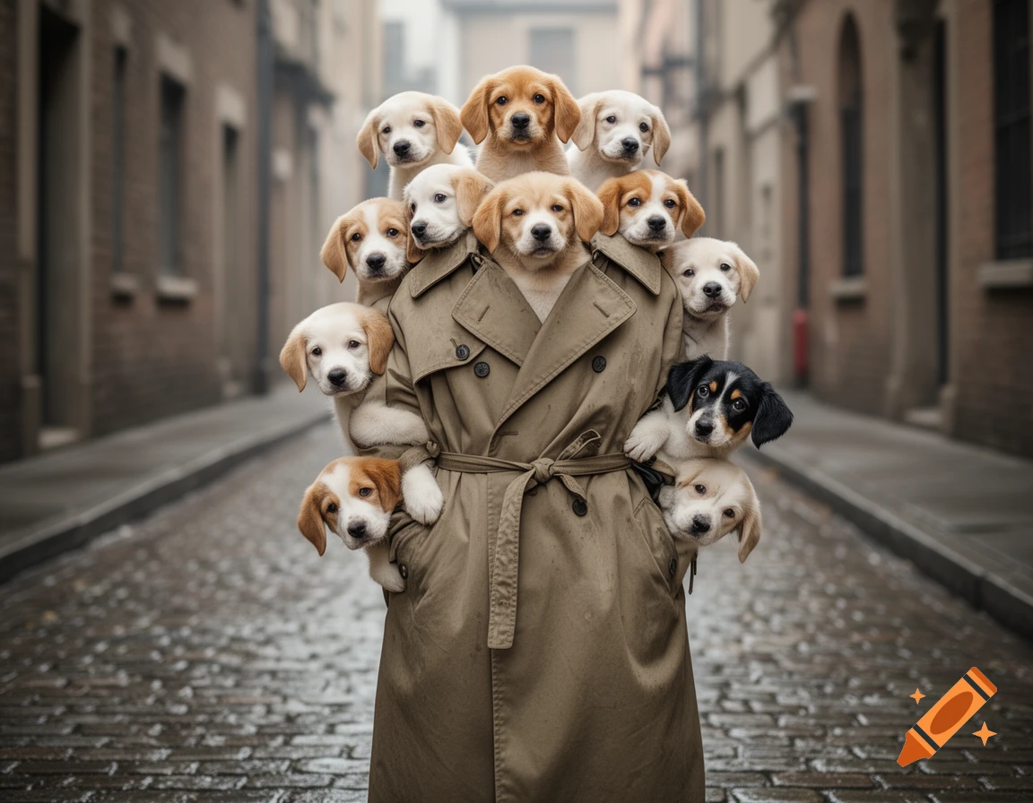 Thirteen adorable puppies peeking out from a trench coat on a cobblestone city street in a photorealistic style.