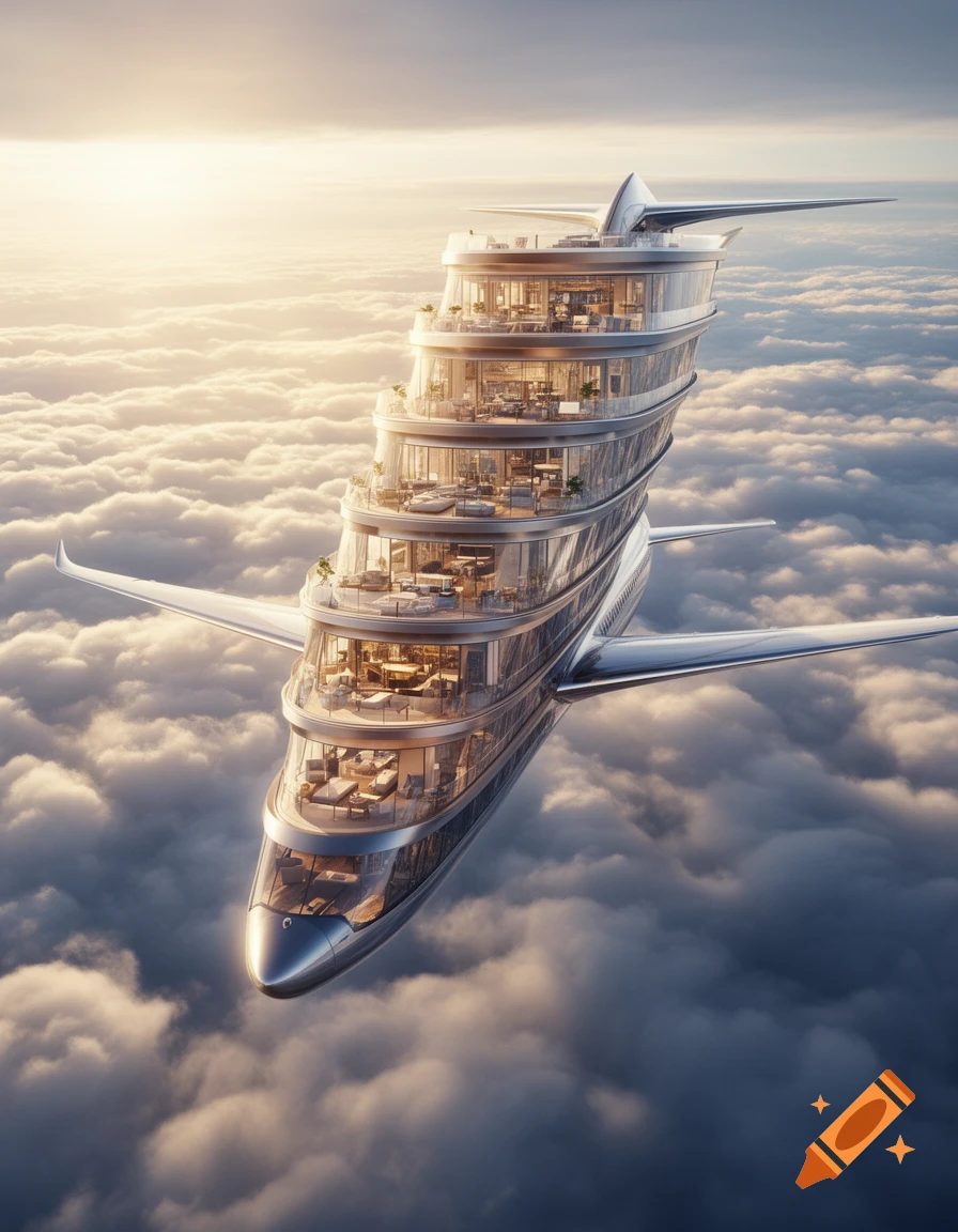 A futuristic seven-story airplane with balconies and large windows flies high above sunlit clouds.