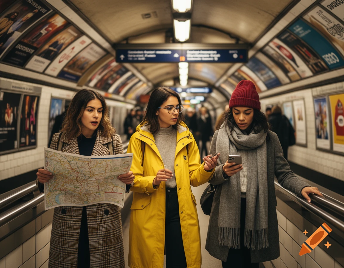 Three women, one holding a map and another looking at her phone, walk through a busy underground subway station.