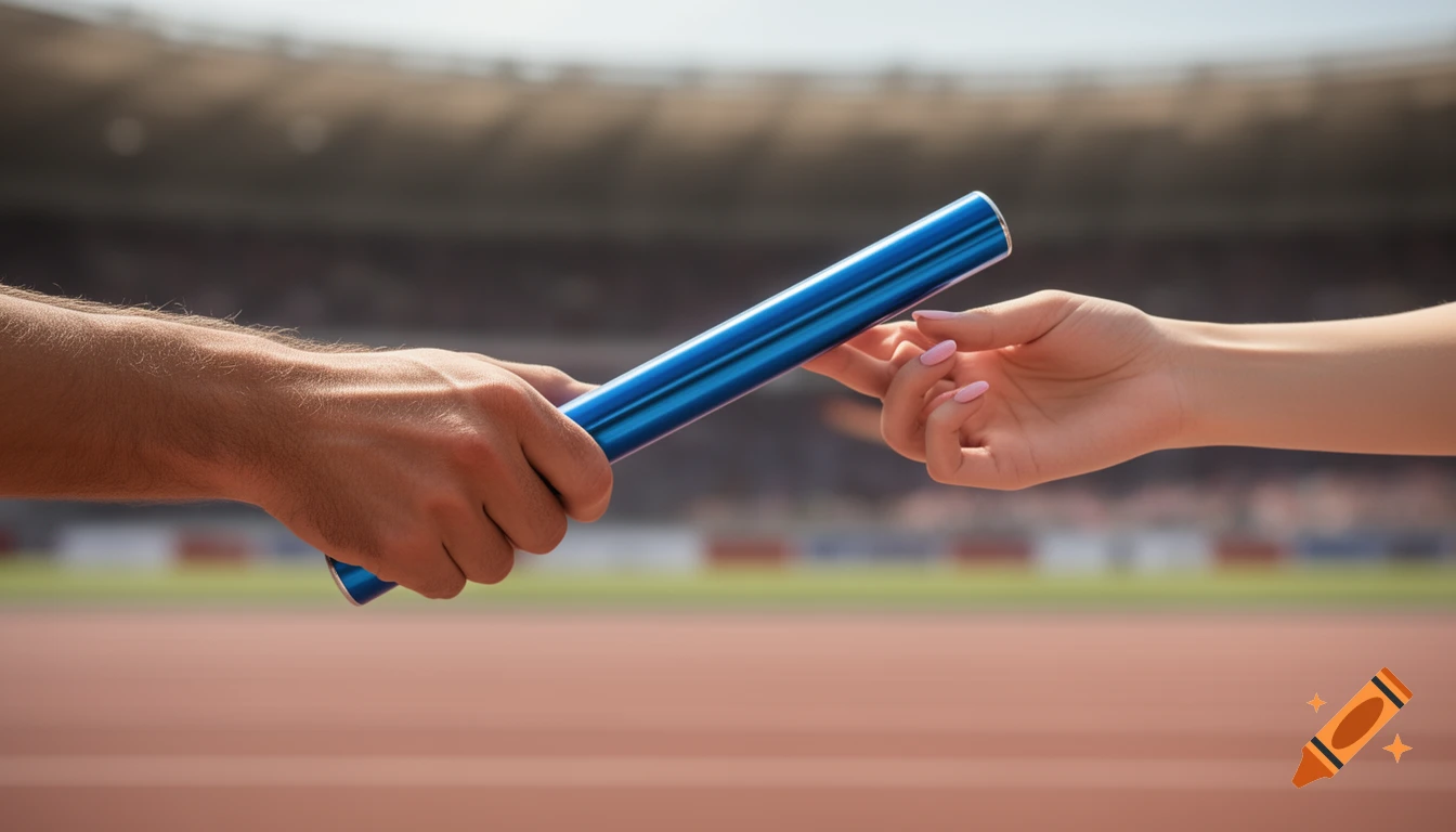 A male hand passes a blue relay baton to a female hand on a blurred running track, photorealistic style.