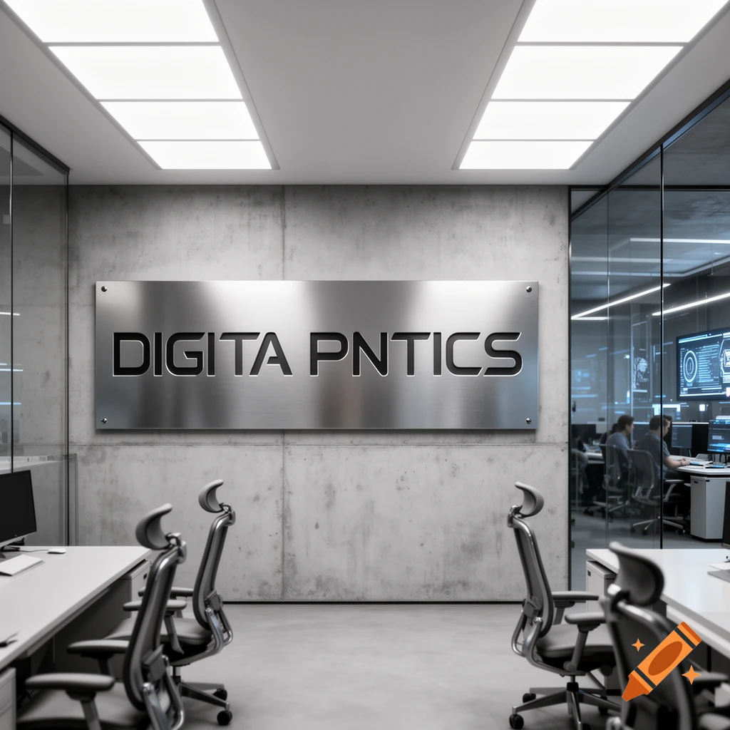 Photorealistic modern office interior with a 'DIGITA PNTICS' sign on a concrete wall, desks, chairs, and glass partitions.
