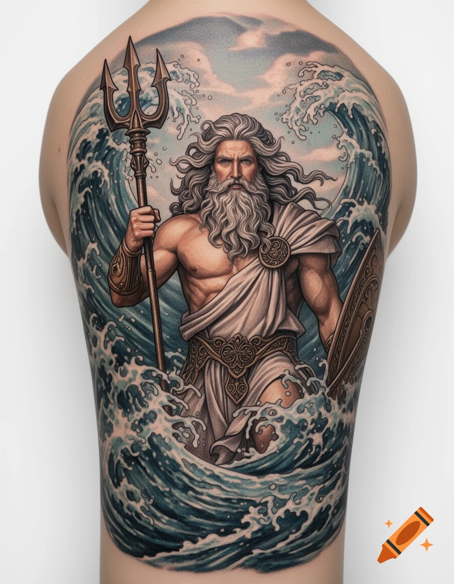 A detailed tattoo of Poseidon, a muscular man with a long white beard, holding a trident amidst crashing waves on a person's back.
