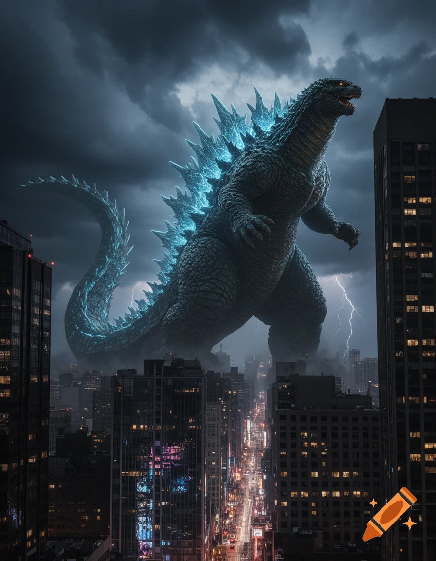 A massive, glowing blue Godzilla looms over a city at night under a stormy sky with lightning.
