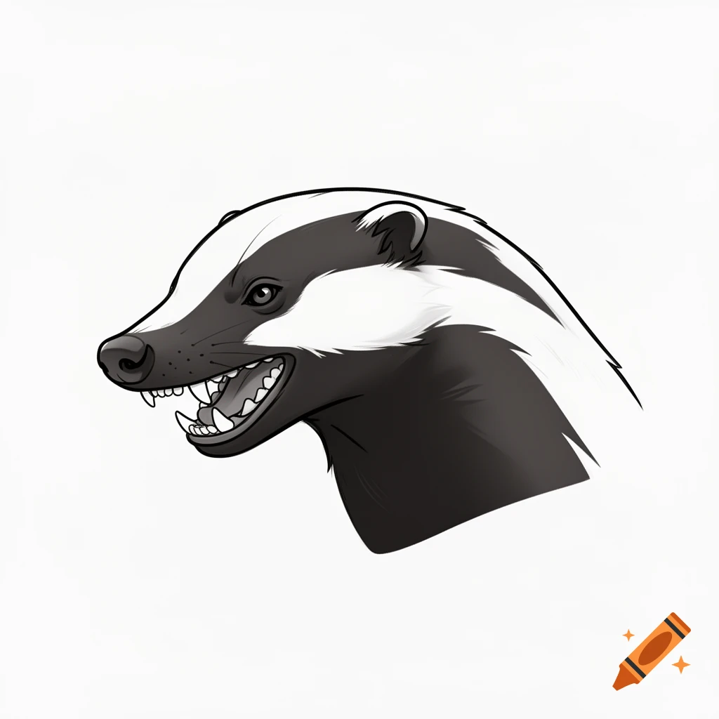 Stylized drawing of a badger head with black and white stripes, baring sharp teeth, on a white background.