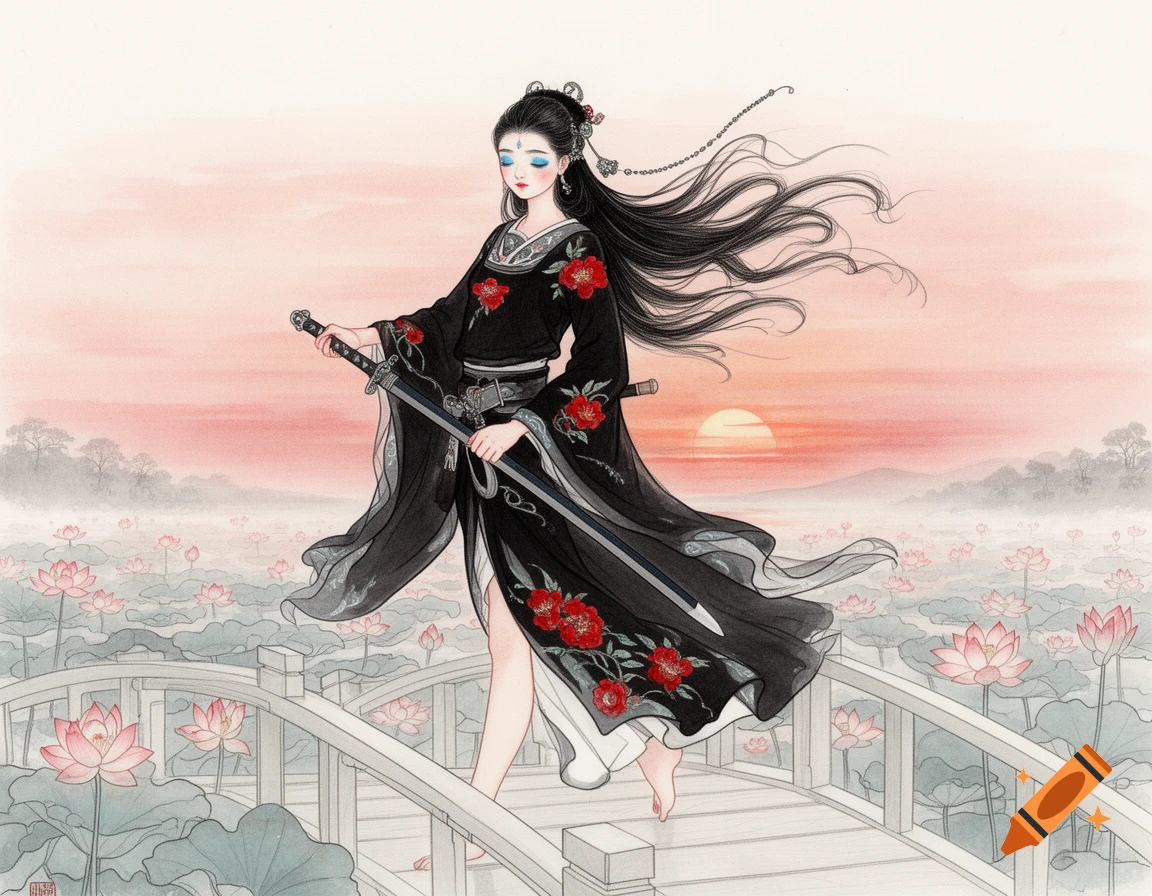 A woman in a black robe with red floral embroidery, holding a sword, walks on a bridge over a lotus lake at sunset in a traditional Chinese painting style.