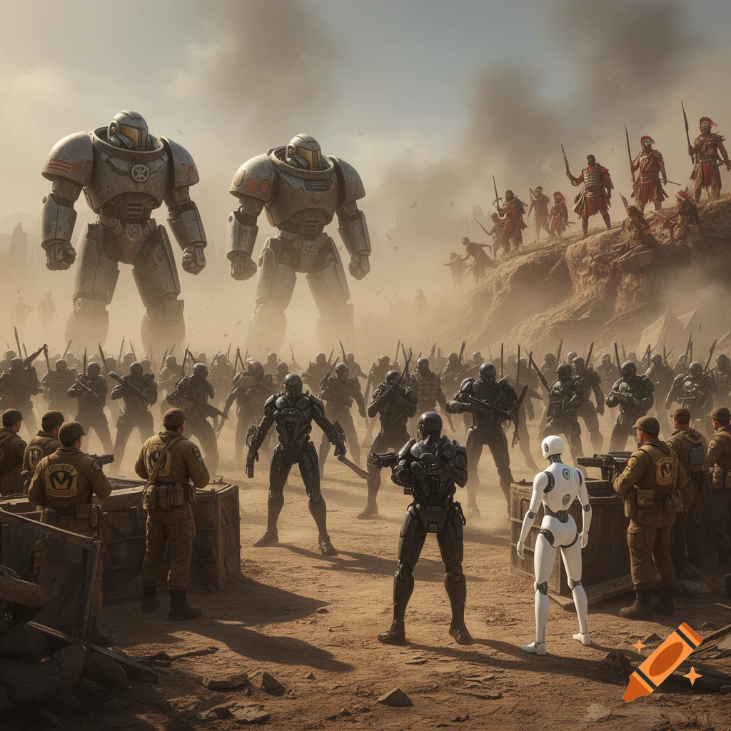 A vast battle scene featuring large mechs, futuristic soldiers, a white humanoid robot, and tribal warriors clashing in a dusty, post-apocalyptic landscape.