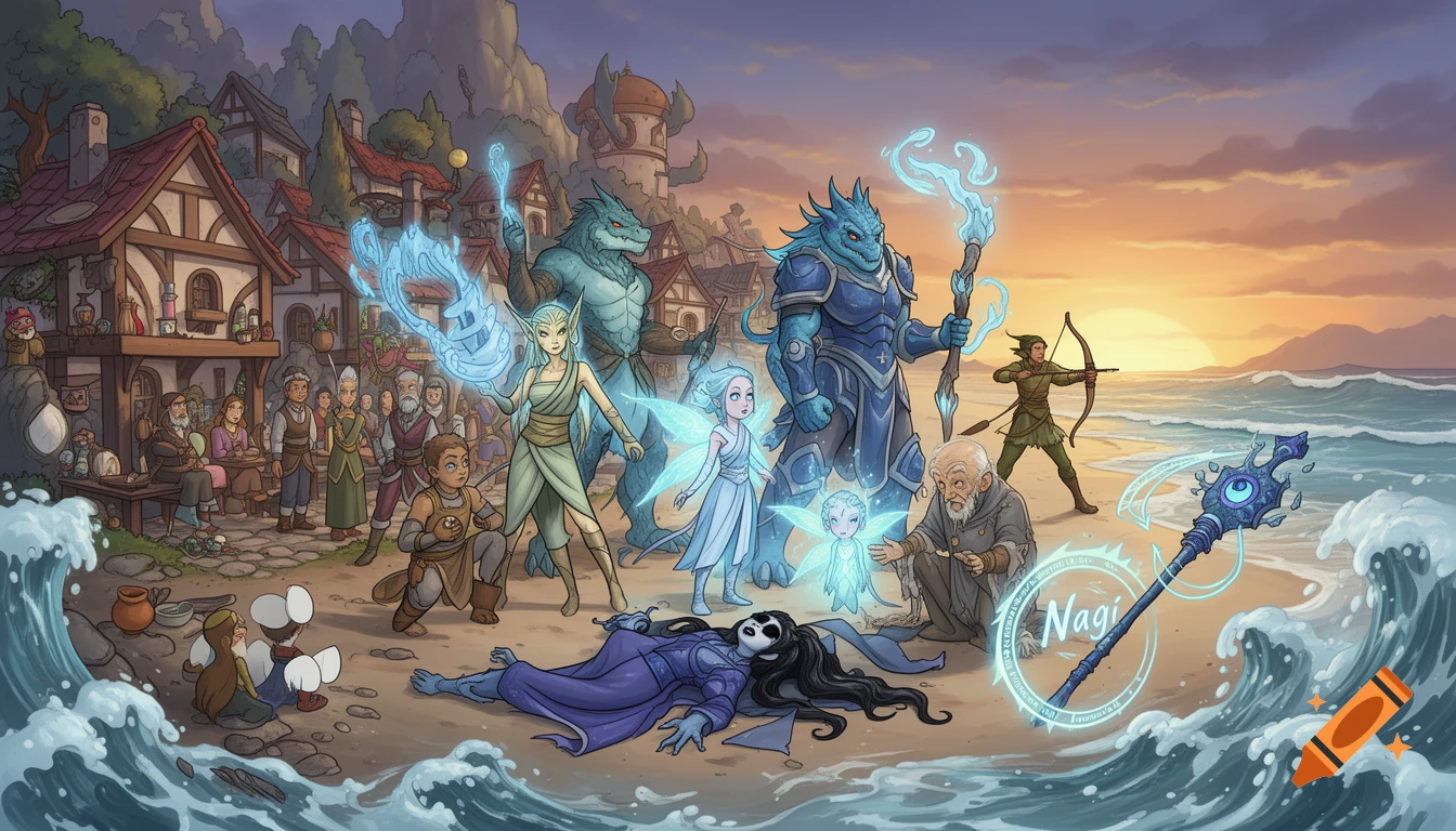 A vibrant cartoon fantasy scene of D&D heroes by a seaside village, with magical creatures and a fallen character.