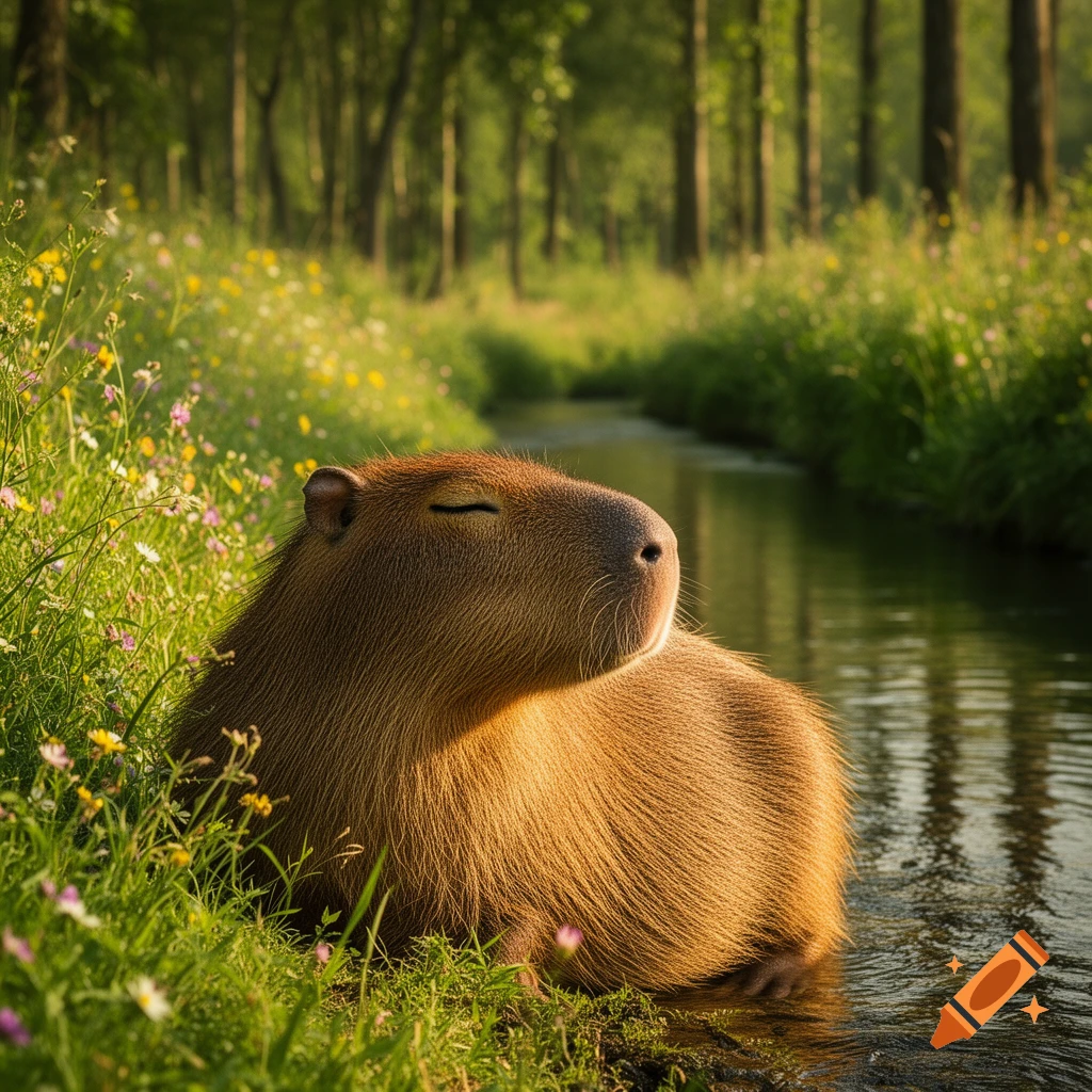 A capybara with closed eyes sits peacefully by a narrow stream in a lush, sunlit forest with wildflowers.