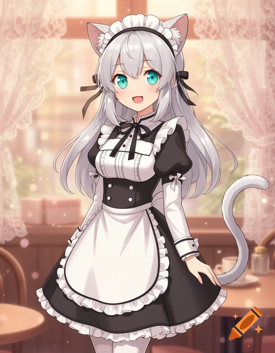 An anime catgirl with white hair and teal eyes smiles, wearing a black and white maid uniform, cat ears, and a tail, in a cafe.