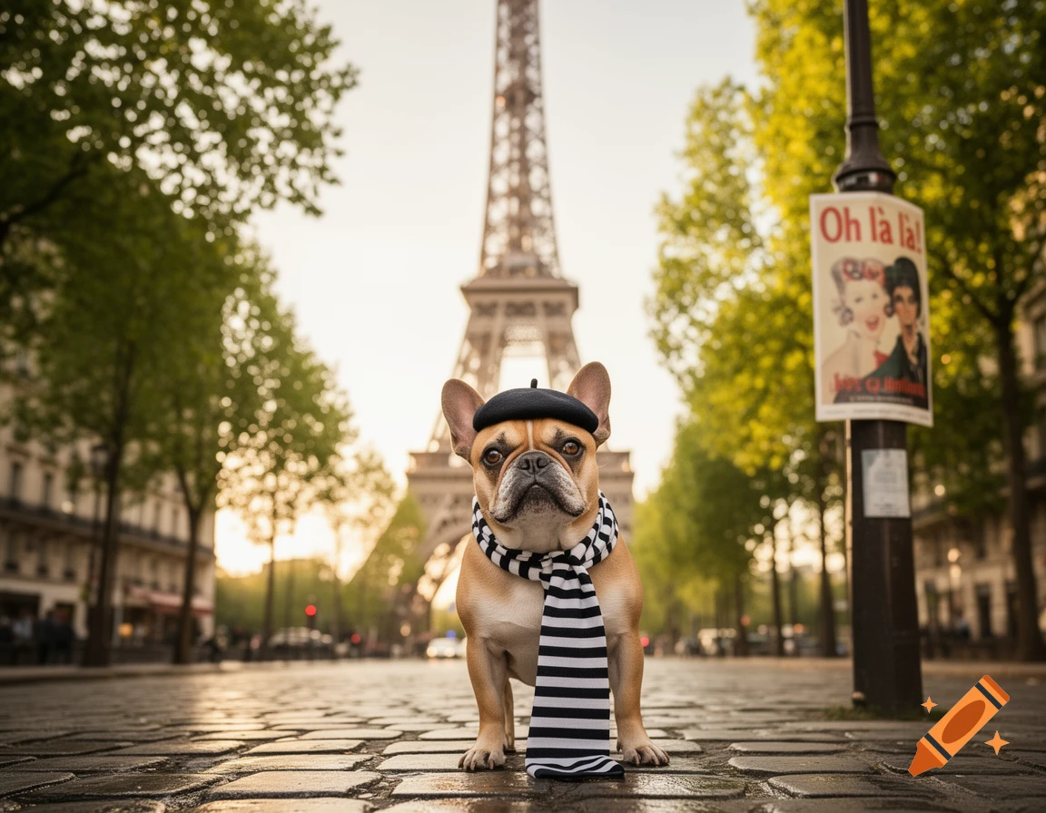 Photorealistic French bulldog wearing a beret and striped scarf, sitting on a Parisian cobblestone street with the Eiffel Tower in the background.