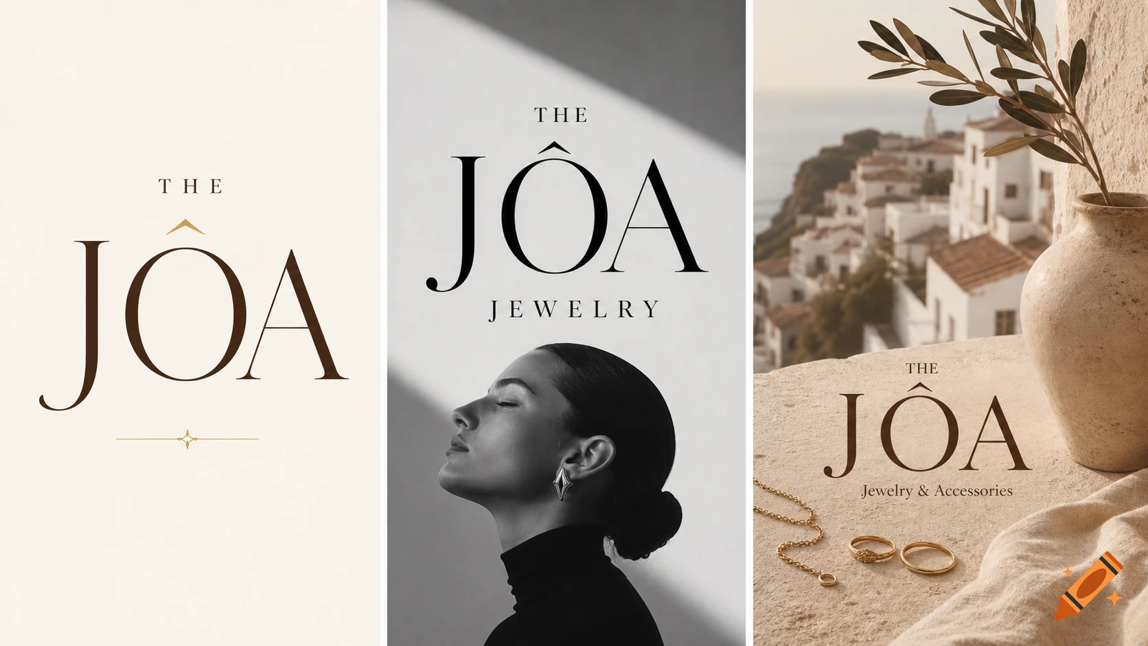 A three-panel image showcasing THE JÔA jewelry branding. The left panel features the logo on an ivory background. The middle panel shows the logo above a black and white profile of a woman. The right panel displays jewelry against a Mediterranean village backdrop.