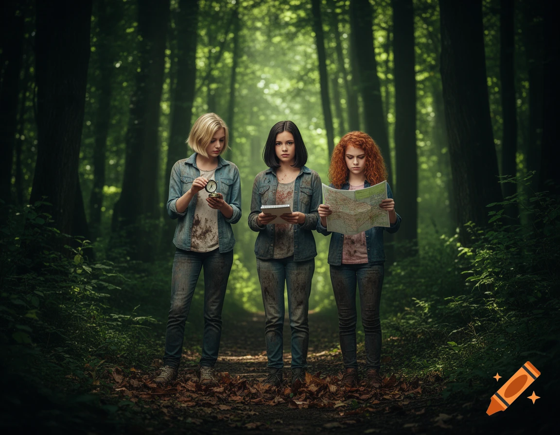 Three young girls with dirty clothes explore a dark, sunlit forest path, holding a compass, a notepad, and a map.