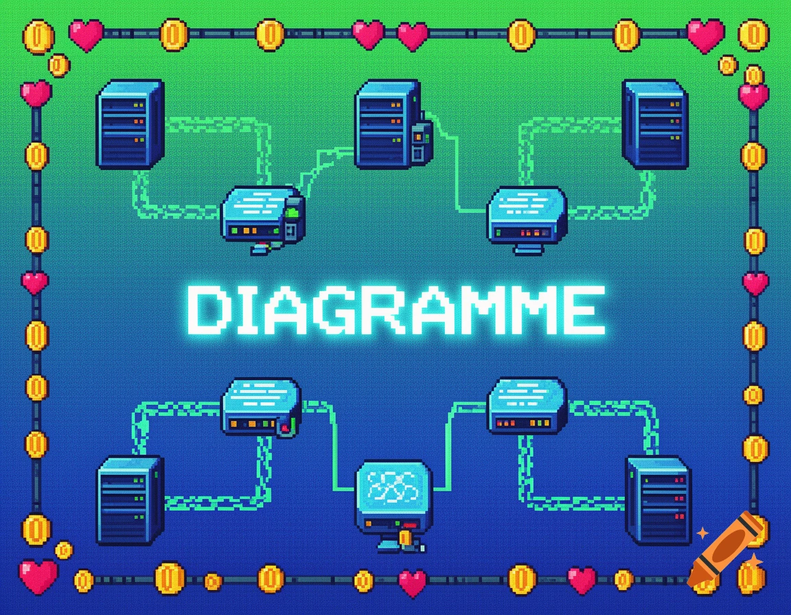 A retro-gaming pixel art diagram of a network infrastructure with servers and routers, framed by hearts and coins, displaying 'DIAGRAMME'.