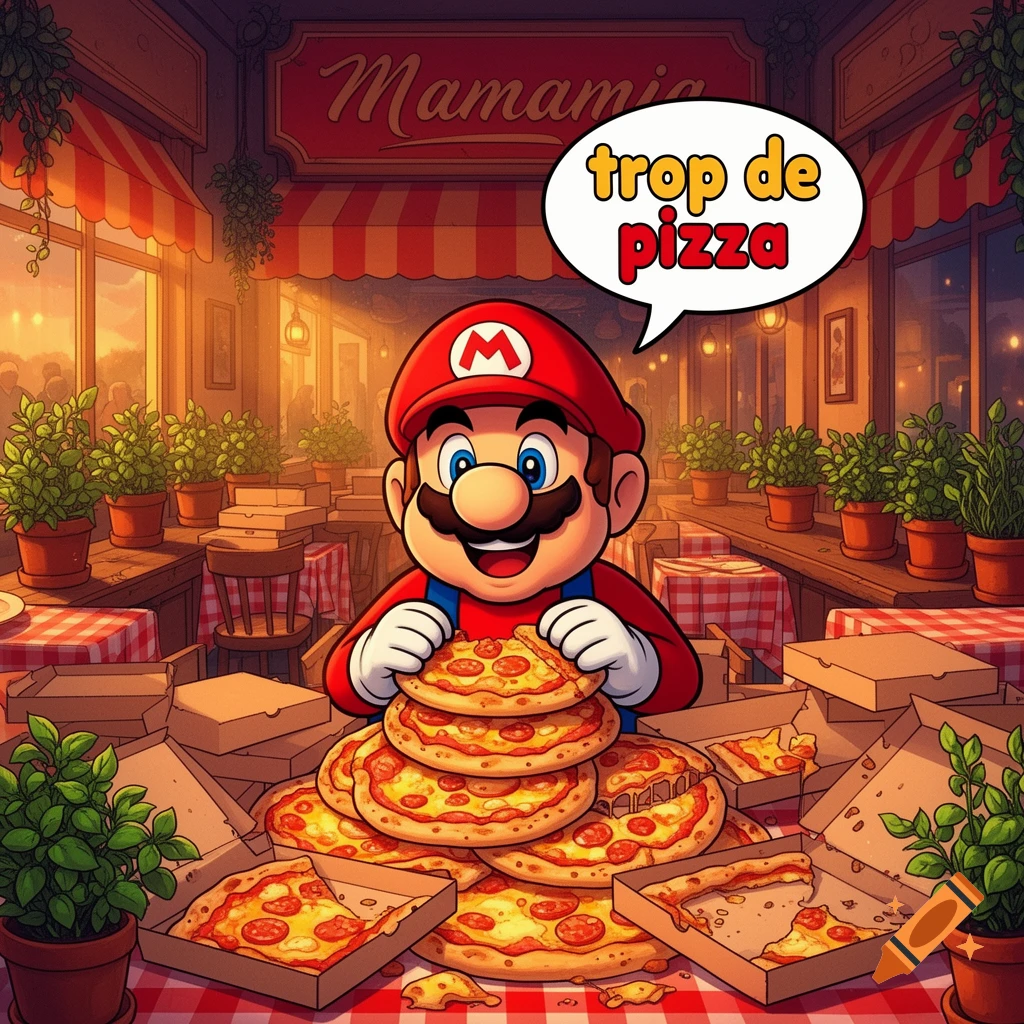 Cartoon Mario happily holds a pizza slice among many pizzas in a Mamamia restaurant, with a speech bubble saying "trop de pizza".